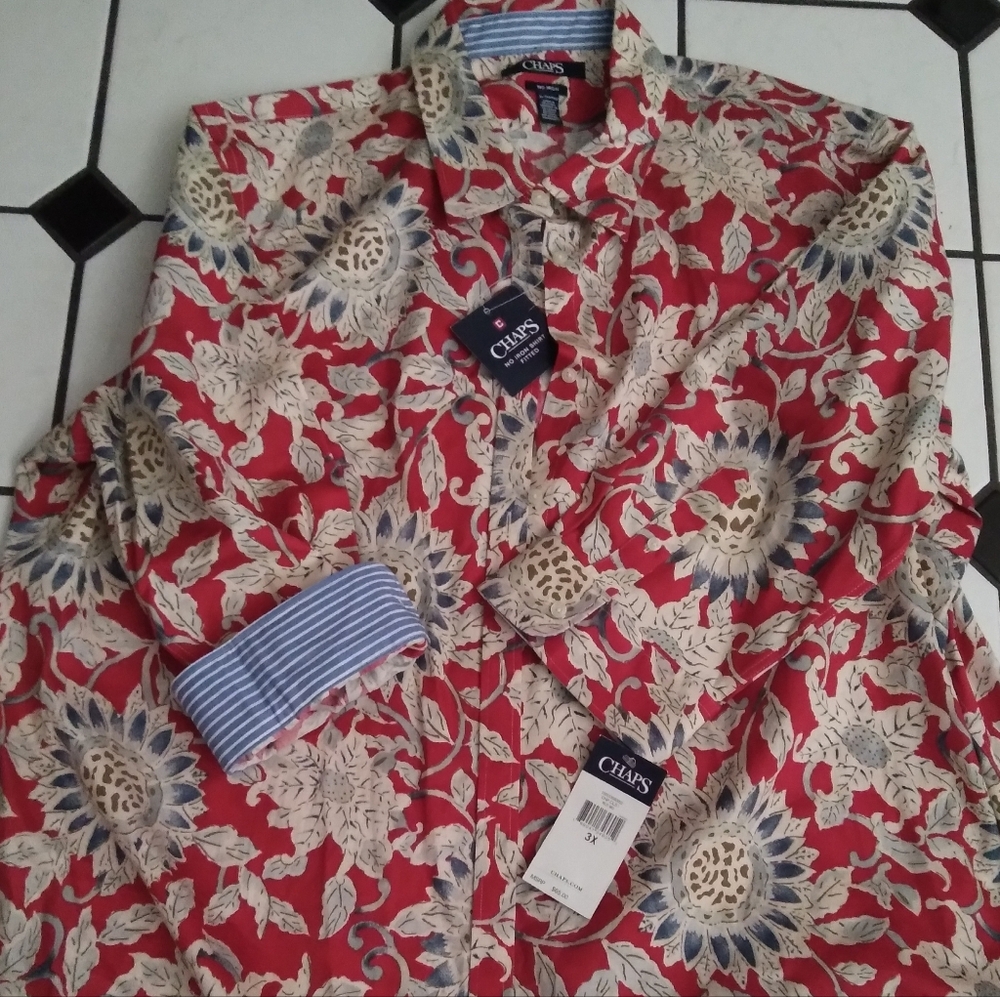 Chaps Red and Cream Floral Button Down Shirt
